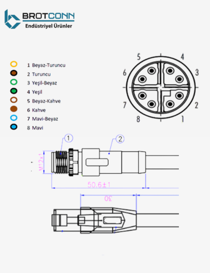 M1208MXSPUR/RJ45-C100 M12 8PİN ERKEK X KODLU-RJ45 1MT PUR KABLO
