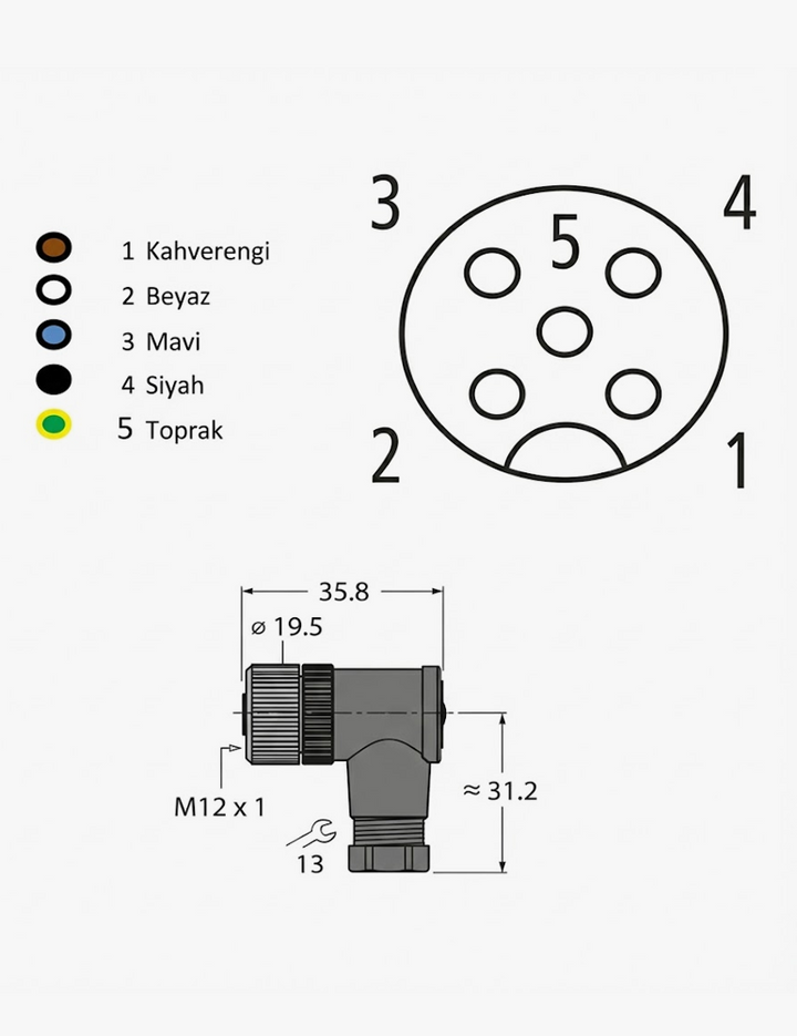 M1205FA M12 5-Pin Dişi Dirsek Soket