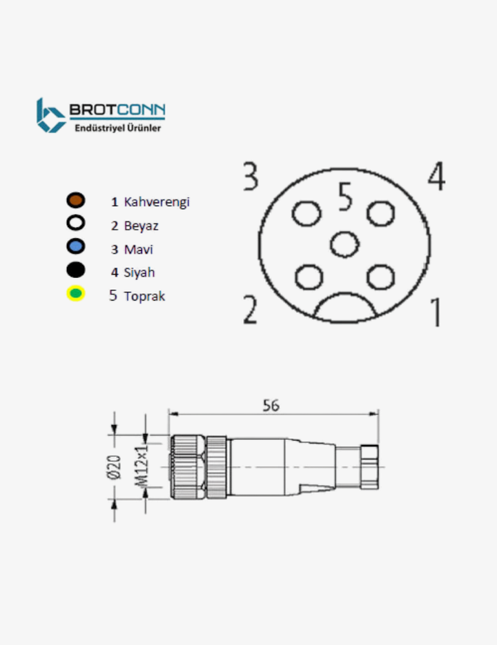 M1205FS-SH M12 5 Pin Düz Dişi Metal Soket | IP67 | Endüstriyel Konnektör | A-Coded