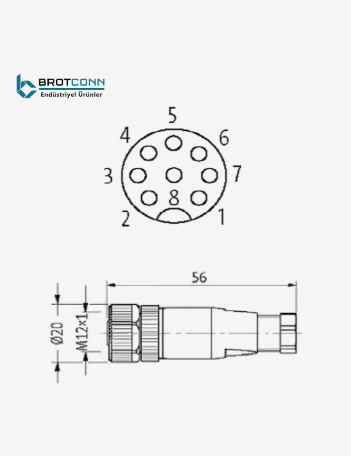 M1208FS – M12 8-Pin Dişi Düz Soket