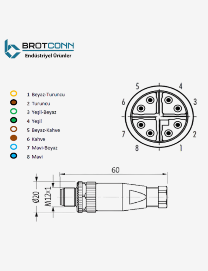 M1208MS-X Kodlu M12 8-Pin Erkek Konnektör