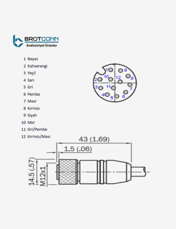 M1212FA5M M12 12-Pin Dişi Dirsek 5MT PVC Kablo